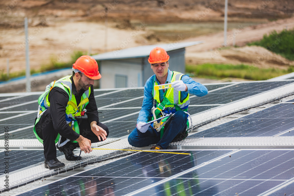 Green environmental energy concept, Technician workers team installing solar photo voltaic panels to high steel platform of factory, Photovoltaic module idea for clean energy Green environmental energy concept, Technician workers team installing solar photo voltaic panels to high steel platform of factory, Photovoltaic module idea for clean energy