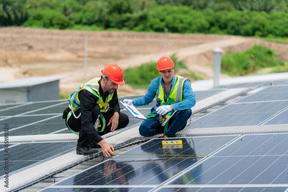 technician engineer team working to service and maintenance solar panel power system on rooftop, solar energy technology industry power electrician technician engineer team working to service and maintenance solar panel power system on rooftop, solar energy technology industry power electrician