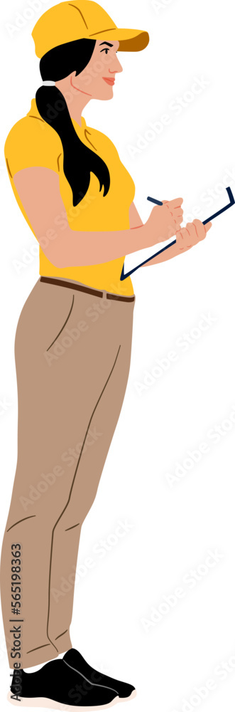 Hand drawn delivery female worker. Delivery woman. Female warehouse worker holding clipboard. Vector flat style illustration isolated on white. Full length view Hand drawn delivery female worker. Delivery woman. Female warehouse worker holding clipboard. Vector flat style illustration isolated on white. Full length view