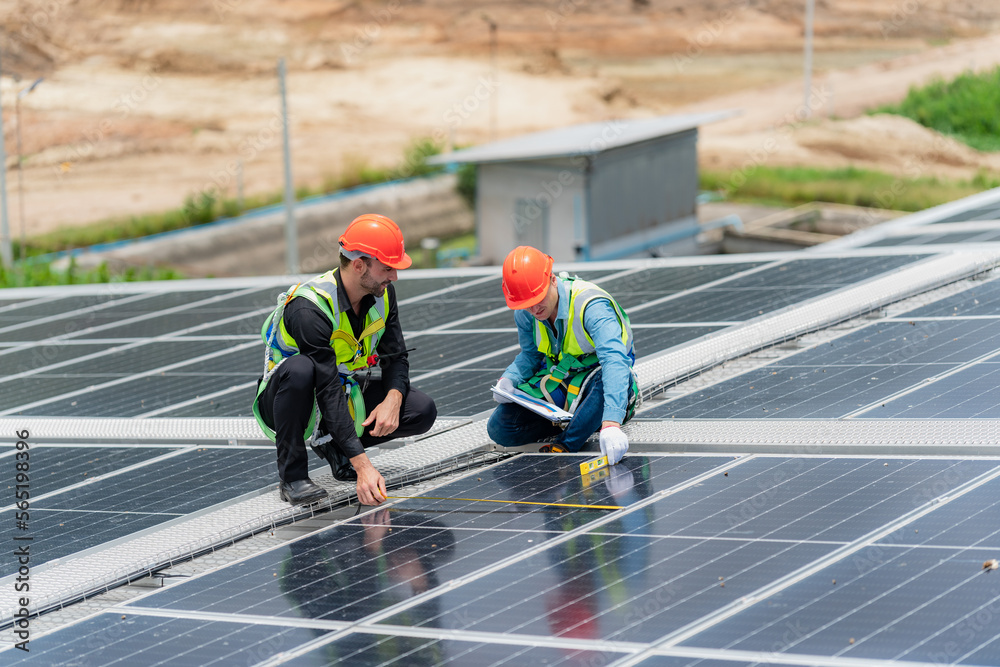 technician engineer working on checking maintenance service with solar batteries near solar panels at sunny day in solar power plant station on rooftop, electricity energy of photovoltaic industrial technician engineer working on checking maintenance service with solar batteries near solar panels at sunny day in solar power plant station on rooftop, electricity energy of photovoltaic industrial