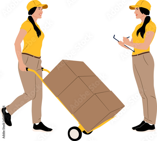 Set of hand drawn delivery female worker. Delivery woman with a cart for cargo. Female worker holding folder. Vector flat style illustration isolated on white. Full length view