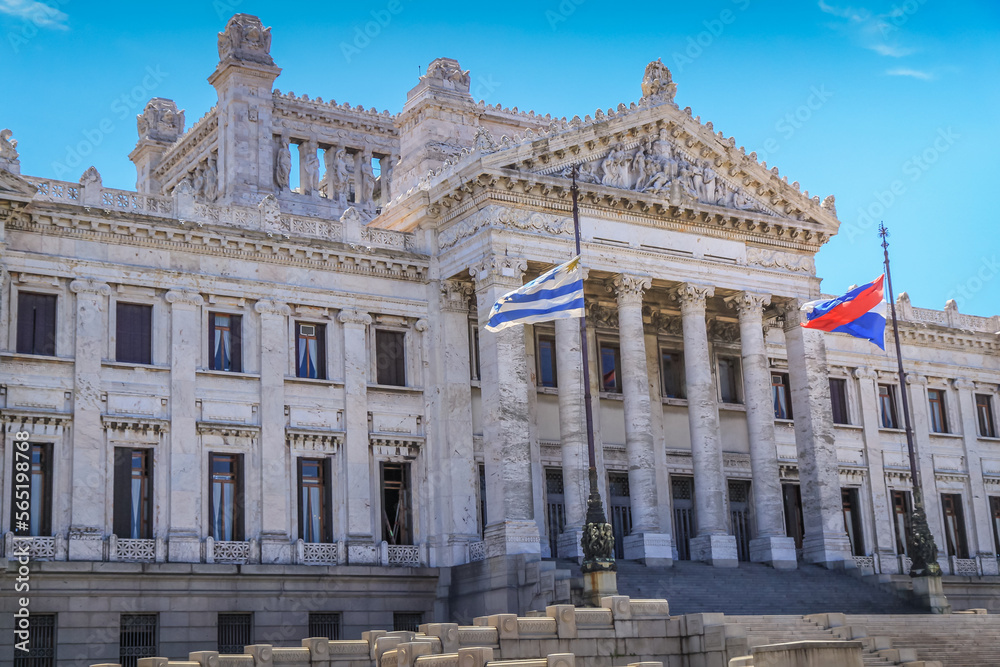 Uruguayan Legislative Classical Parliament and flags, Montevideo, Uruguay
