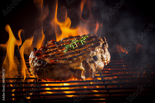 Nackensteak / Schweinenackensteak auf Grill mit Flammen. Generative Ai. photo