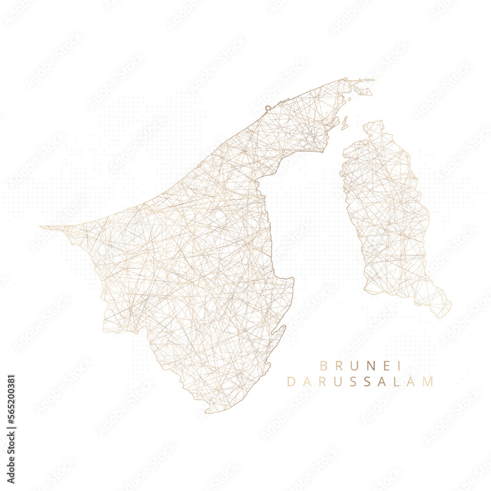 Low poly map of Brunei Darussalam. Gold polygonal wireframe. Glittering vector with gold particles on white background. Vector illustration eps 10.