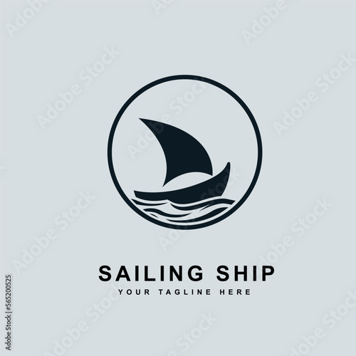 Leinwand Poster Sailboat on sea ocean wave with logo design in circle simple ship
