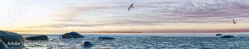 Fototapeta Naklejka Na Ścianę i Meble -  Panoramic view of the shore of the Baltic sea at sunset in winter. Ice fragments in sea close-up. Colorful seacape, soft sunlight. winter sea. The coast of the Gulf of Finland in winter