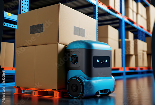 In the future of technology, envision a 3D smart warehouse concept. Witness automated robots seamlessly delivering order boxes in a cutting-edge, automated warehouse environment photo