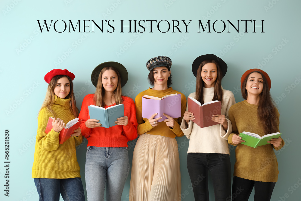 Banner with young girls holding books and text WOMEN'S HISTORY MONTH on grey background - obrazy, fototapety, plakaty 