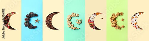 Set of crescents made of Arabic symbols on color background