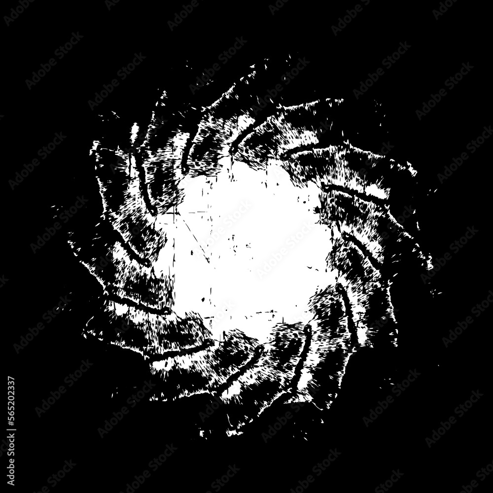 White rotated grungy brush strokes. Distress grainy urban texture of stains, ink, dots, stripes, scratches. Spiral vector illustration. Design element for banner, poster, grungy effect