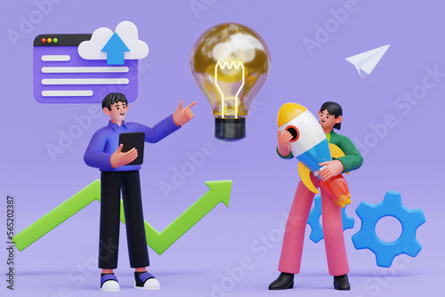3D Men and Woman Startup Business Idea Illustration