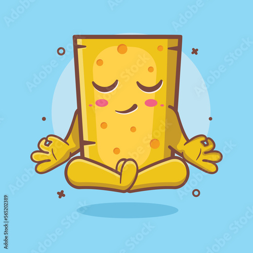 calm cheese character mascot with yoga meditation pose isolated cartoon in flat style design 
