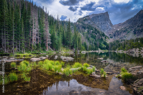 A view of Hallett Peak and Dream Lake at Rocky Mountain National Park, Colorado, USA. photo