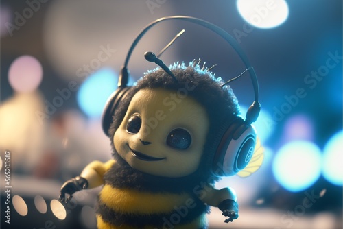 ultrarealistic illsutration of a baby bee wearing headphones photo