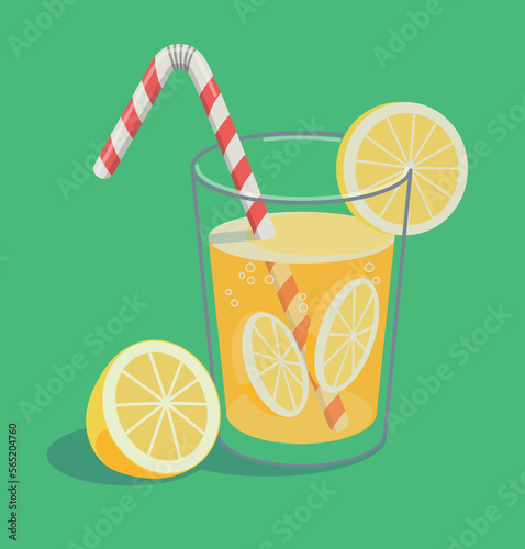Glass of lemonade with a lemon slice and a stripped straw. Summer drink. Refreshing beverage. Isolated vector flat illustration.