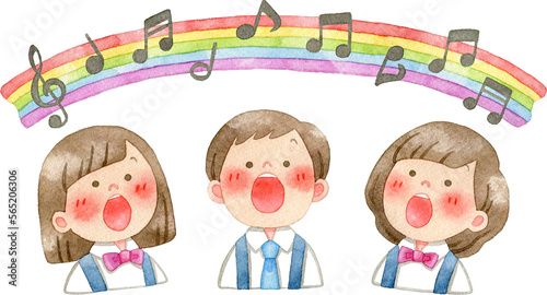 歌を歌う子供たちと虹と並んだ音符のイラスト