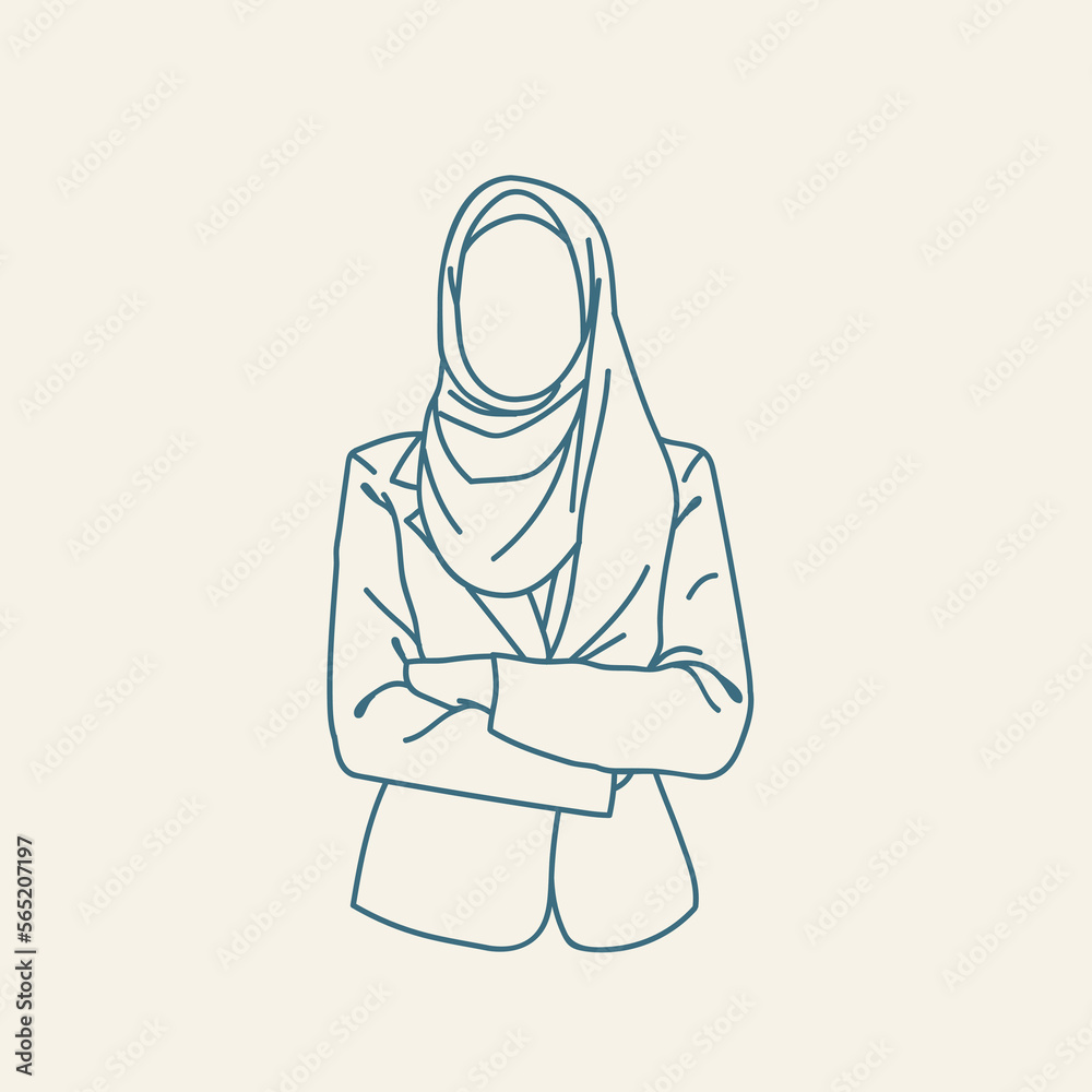 A business muslim woman working in office vector illustration. Female Hijab Business Entrepreneur. Minimalistic drawn style. Beautiful arab businesswoman in hijab. Vector illustration.