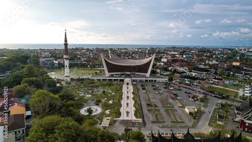 Aerial view of The Great Mosque of West Sumatera, the biggest mosque in West Sumatera. with a unique design that inspired by traditional house of West Sumateran people. photo