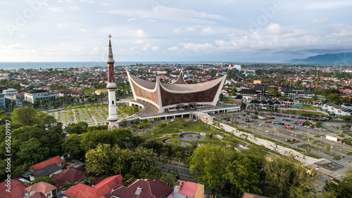 Aerial view of The Great Mosque of West Sumatera, the biggest mosque in West Sumatera. with a unique design that inspired by traditional house of West Sumateran people. photo