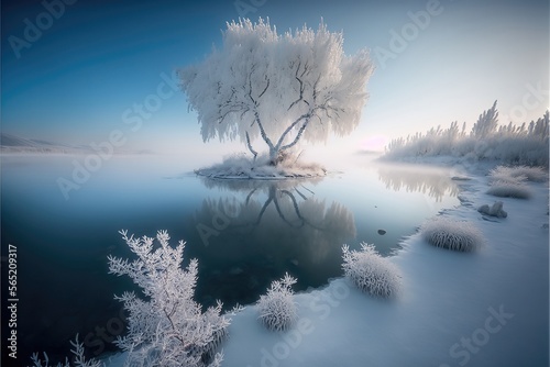 Landscape with lake in the winter with Snow. Genarative AI