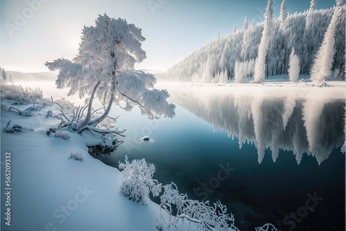 Landscape with lake in the winter with Snow. Genarative AI