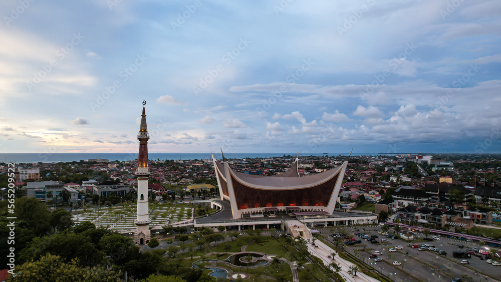 Aerial view of The Great Mosque of West Sumatera, the biggest mosque in West Sumatera. with a unique design that inspired by traditional house of West Sumateran people.