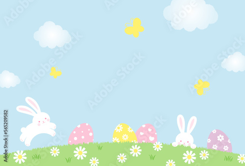easter vector background with bunny, eggs and flowers for banners, cards, flyers, social media wallpapers, etc.