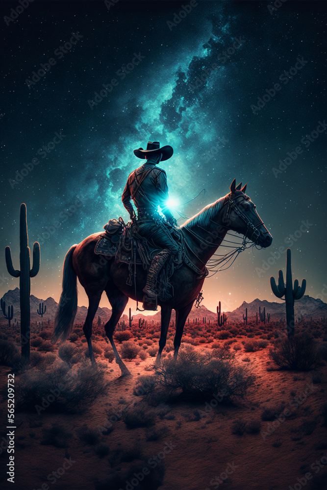 Western Cowboy riding his horse at night in the desert under the milky way 