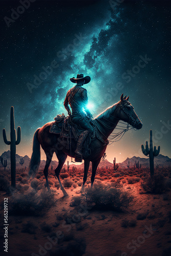 Western Cowboy riding his horse at night in the desert under the milky way 