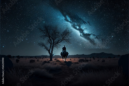 silhouette of a person in the desert on horse at night