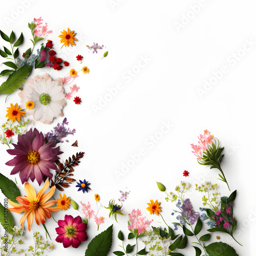 a white background topped with lots of flowers  blank space made with Generative AI technology