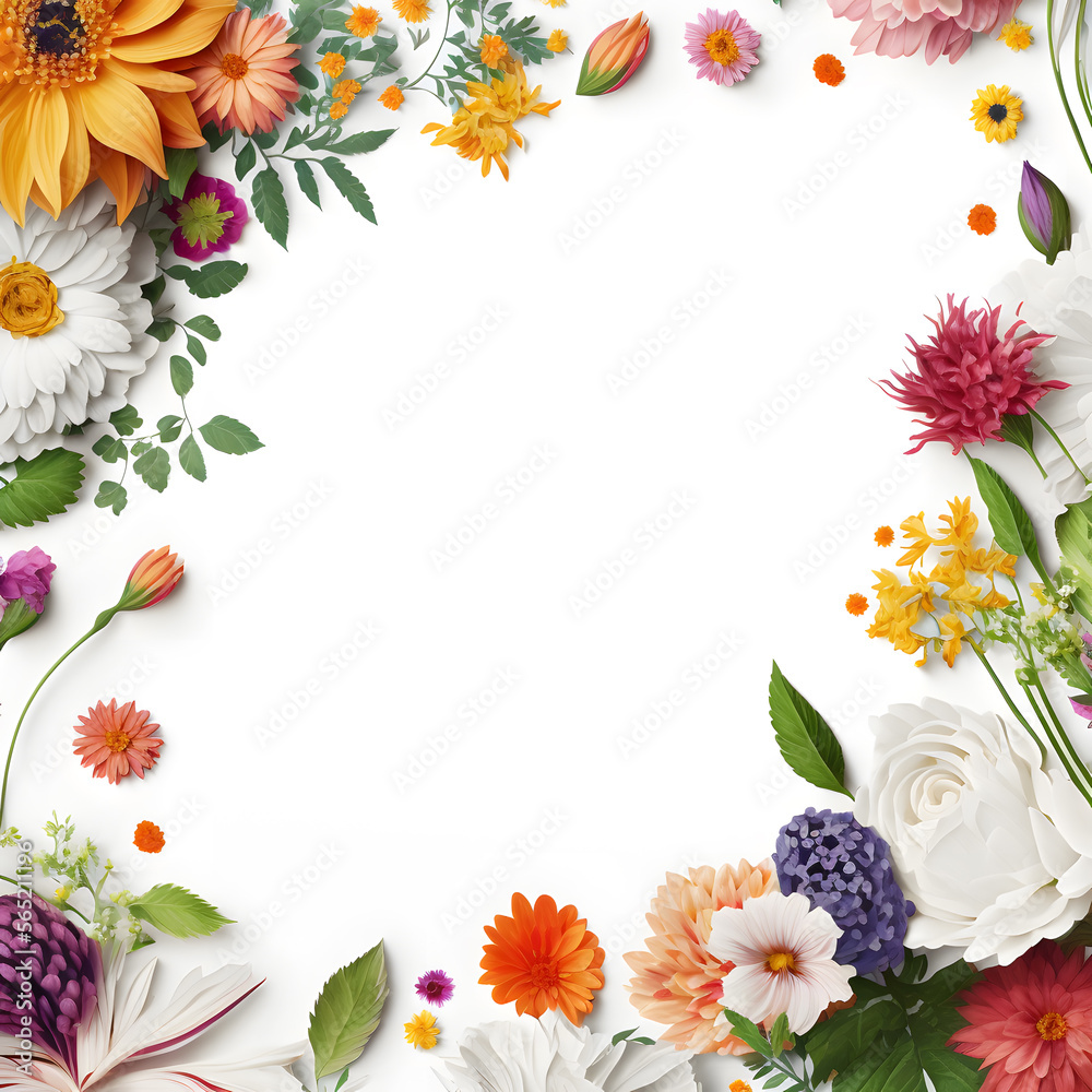 a white background topped with lots of flowers, blank space made with Generative AI technology