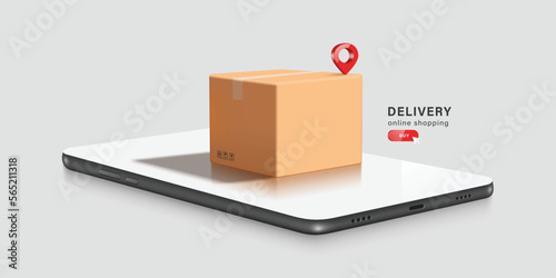 A red pin is placed on brown parcel box or cardboard box and all plece on smartphone