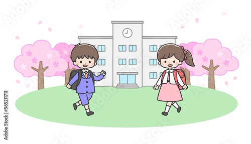 入学式　学校に向かう新一年生の男の子と女の子	
