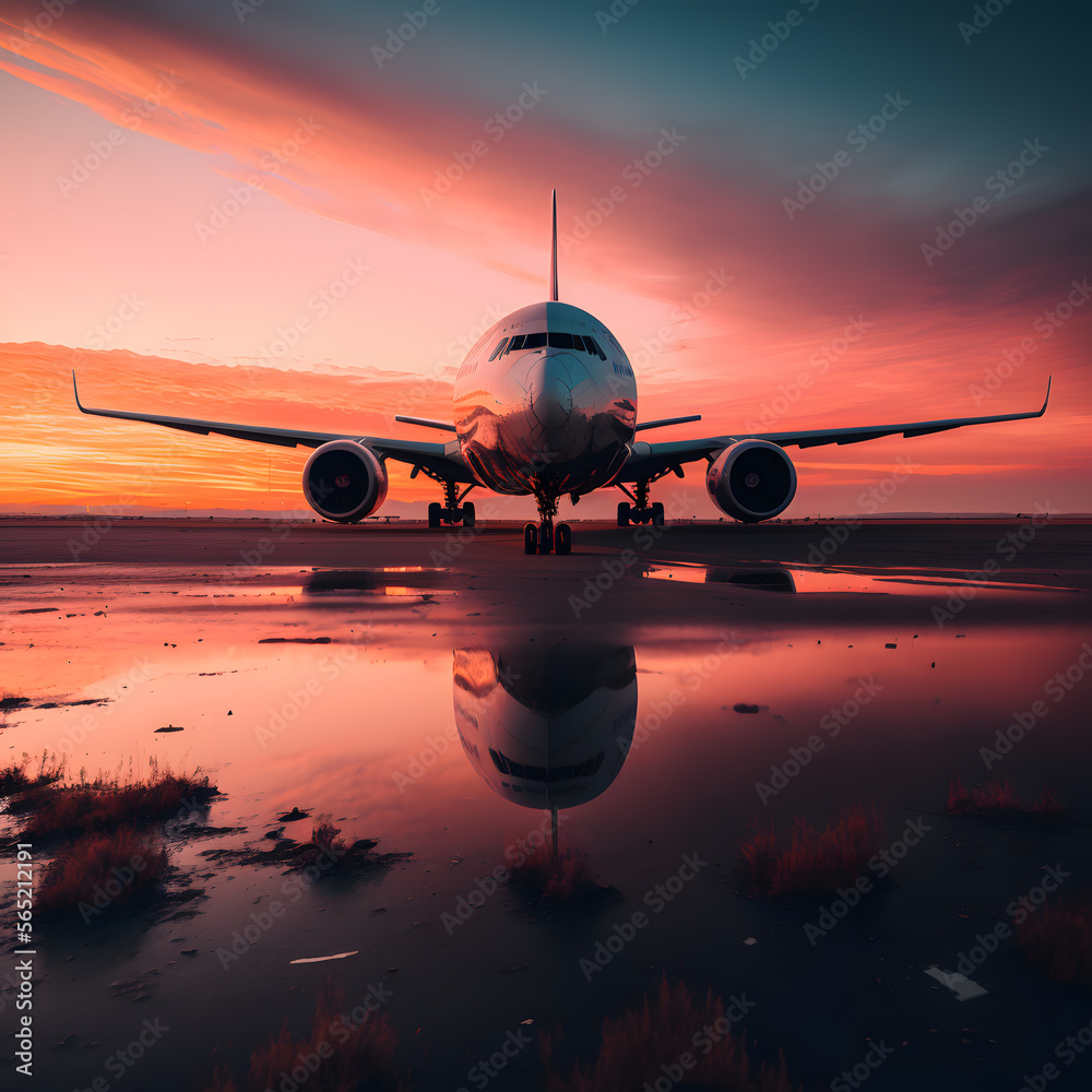 Airplane at sunset photography made with Generative AI technology