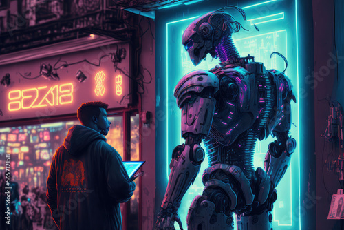neon-lit robot interacting with a human in a futuristic city setting, generative ai