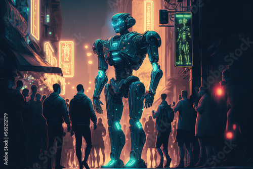neon-lit robot standing amongst a group of people, showcasing its advanced AI capabilities in a public setting, generative ai