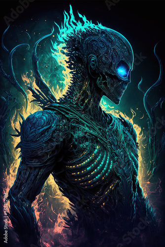 Alien Warrior Illustration with Neon Glow Bioluminescent Light and Intricate Armor Background. Generative Ai © nemesis