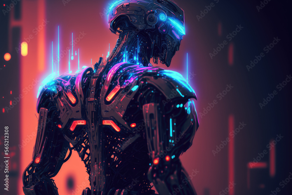 silhouette of a robot with neon-lit features and advanced AI capabilities against a bright background, generative ai