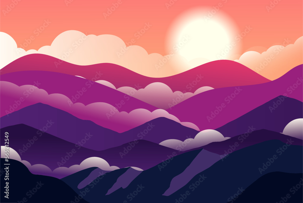 nature background with mountain,awan and sun view. vector. illustration. flat design mountain landscape