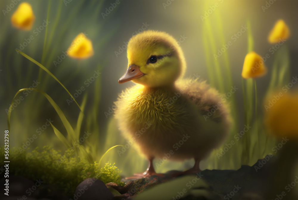 A yellow duckling, in the background a blurred beautiful  scene, made with generative AI