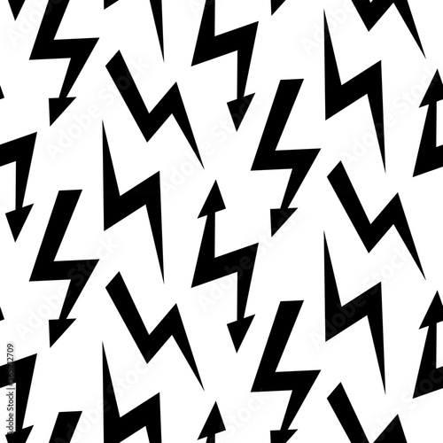 Black lightning bolts seamless pattern. Thunderbolts repeating background. Storm and lightning strike ornament wallpaper. Energy power or electricity voltage symbols. 