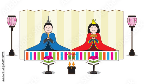 Hinamatsuri Japanese festival or child day or girl day with cute young dolls dress as Japan emperor and empress with background and accessories drawing cartoon in vector