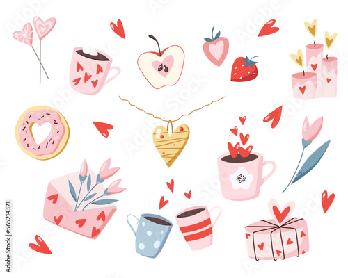 Valentine's day heart shape food and drinks flat illustration set