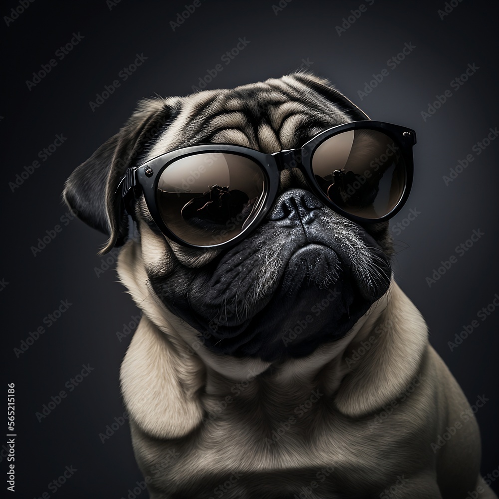 Cute pug dog with sunglasses in front of black studio backdrop. Generative AI.