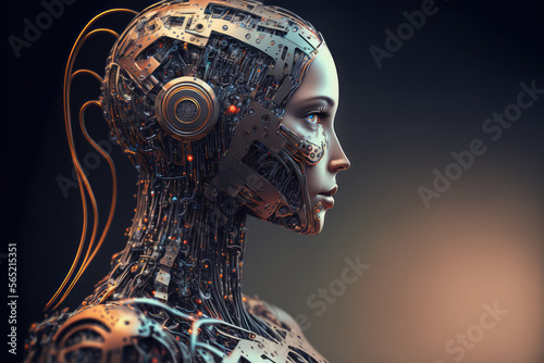 Extremely detailed futuristic robot or cyborg head in profile. Isolated on black background. 3D Render. (ai generated)