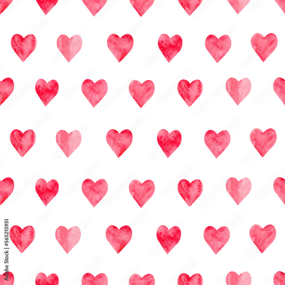 Watercolor seamless pattern with abstract red hearts. Hand drawn illustration isolated on white background. For packaging, wrapping design or print. Suitable for design on Valentine's day