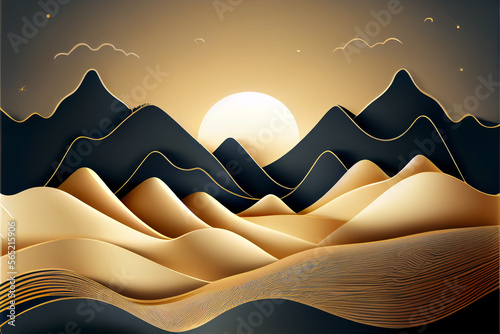 Luxury landscape art background with golden and black color. Generative AI illustration