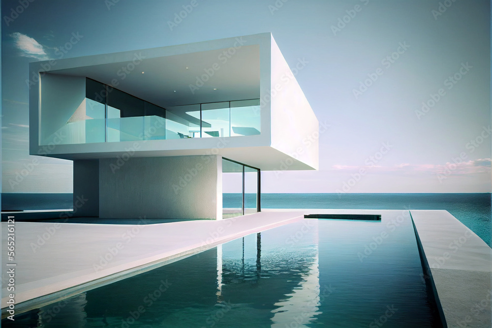© ardanz - A beautiful residential villa. Modern architecture with swimming pool and sea view. Generative AI illustration
