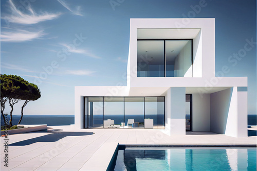 Wonderful residential villa. Modern architecture with swimming pool and sea view. Generative AI illustration